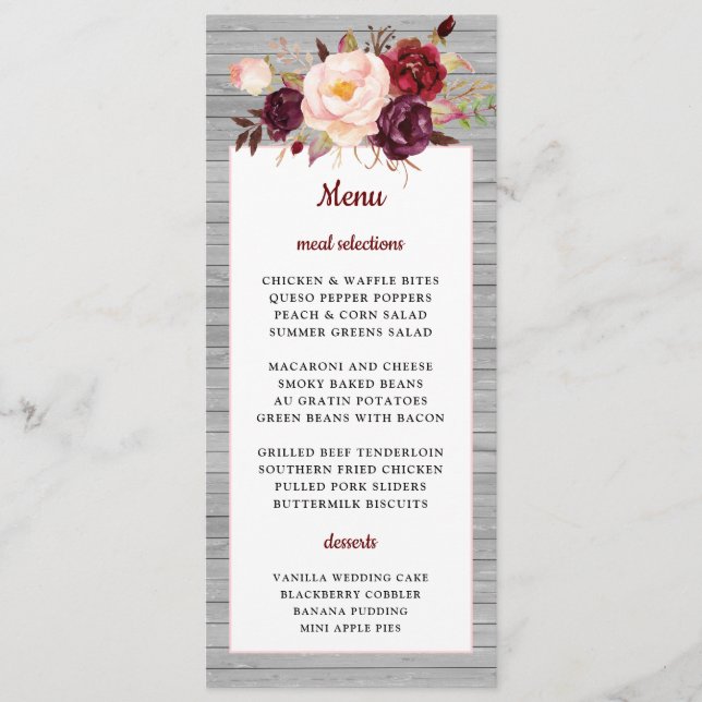 Burgundy Red Floral Rustic Pink Border Wedding Menu (Front)