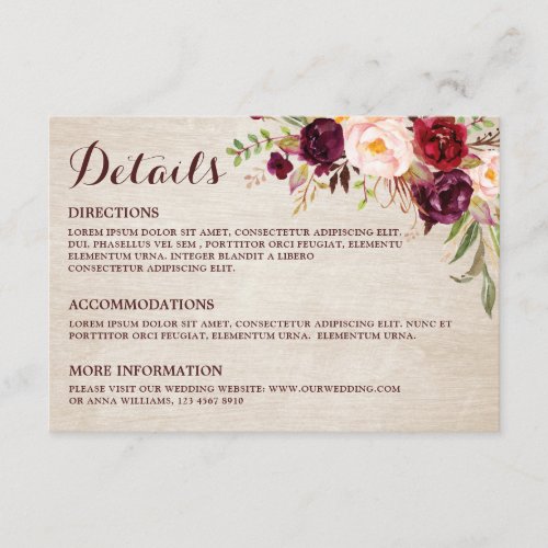 Burgundy Red Floral Rustic Wedding Details Enclosure Card