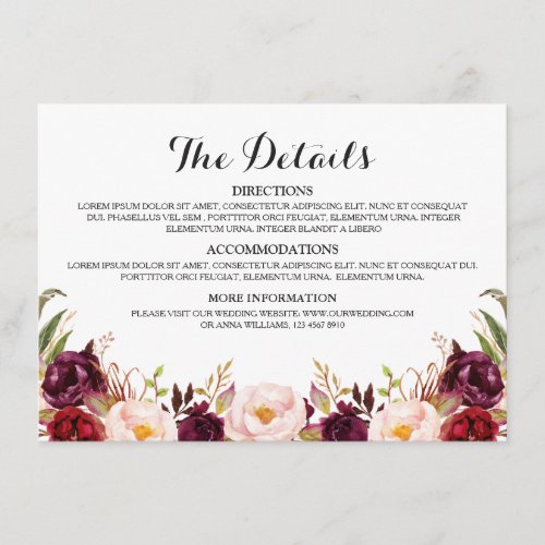 Burgundy Red Floral Rustic Wedding Details Enclosure Card