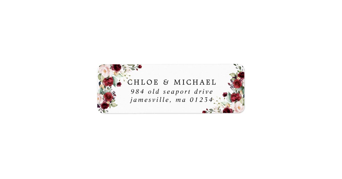 Burgundy Red Floral Rustic Wedding Return Address Label | Zazzle