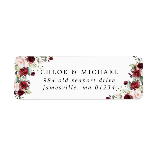 Burgundy Red Floral Rustic Wedding Return Address Label | Zazzle