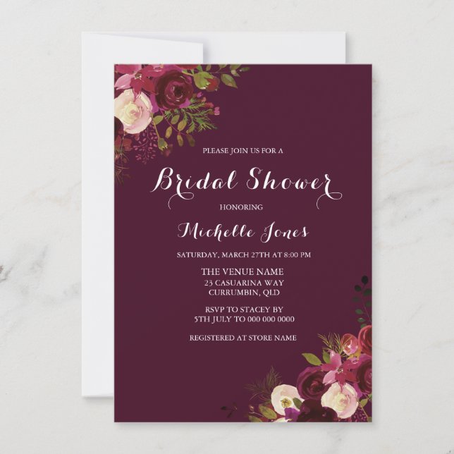Burgundy Red Floral Spring Autumn Bridal Shower Invitation (Front)