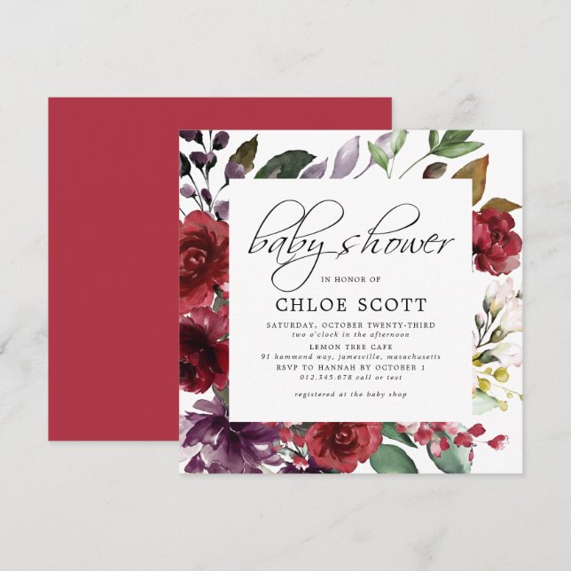Burgundy Red Floral Square Baby Shower Invitation (Front/Back)