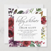 Burgundy Red Floral Square Baby Shower Invitation (Front)