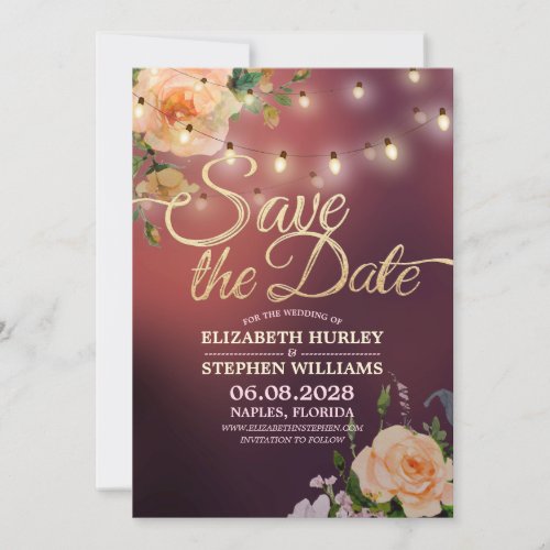 Burgundy Red Floral String Lights Save The Date