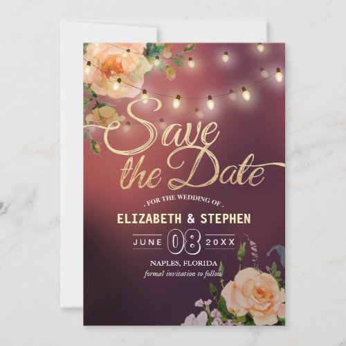 Burgundy Red Floral String Lights Save The Date