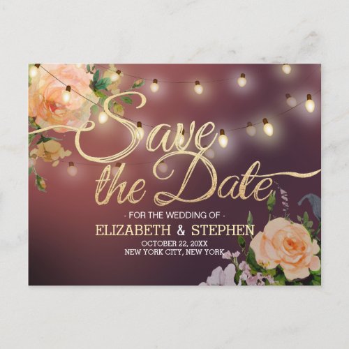 Burgundy Red Floral String Lights Save The Date Announcement Postcard