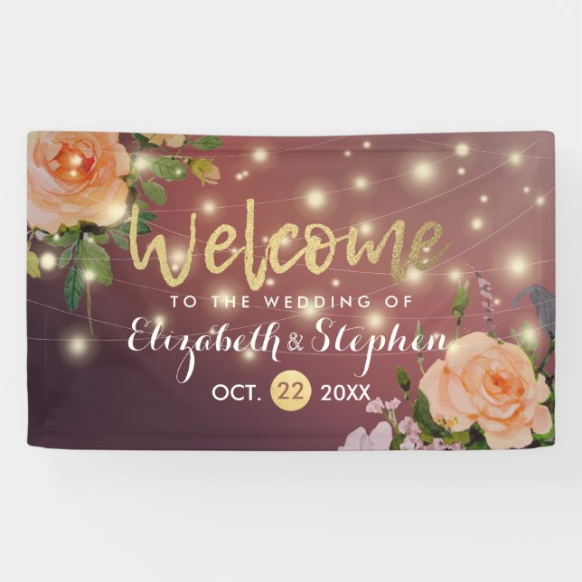 Burgundy Red Floral String Lights Wedding Banner (Horizontal)