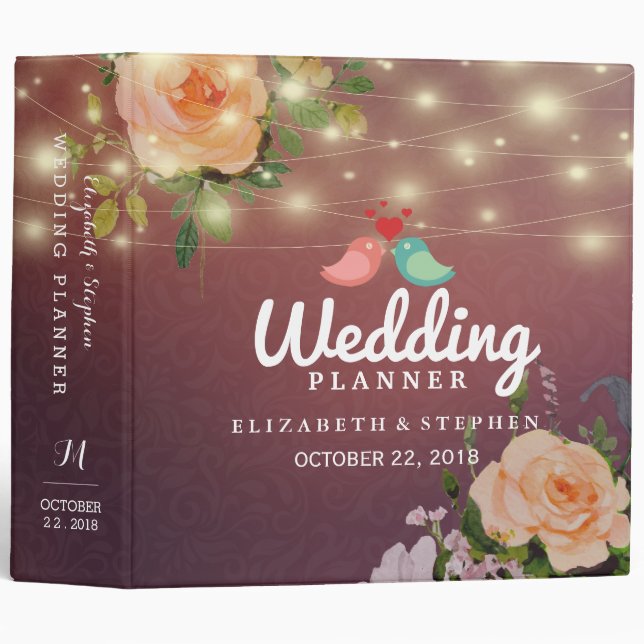 Burgundy Red  Floral String Lights Wedding Planner 3 Ring Binder (Front/Spine)