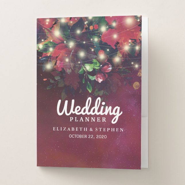 Burgundy Red Floral String Lights Wedding Planner Pocket Folder (Front)