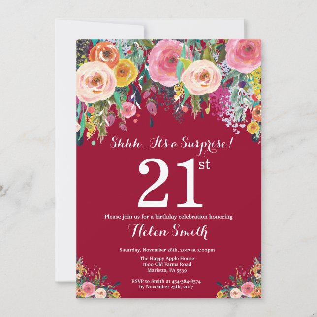 Burgundy Red Floral Surprise 21st Birthday Invitation (Front)