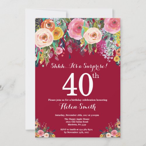 Burgundy Red Floral Surprise 40th Birthday Invitation