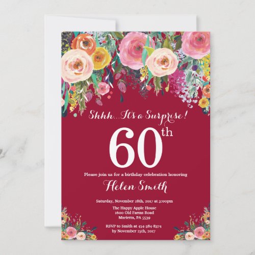 Burgundy Red Floral Surprise 60th Birthday Invitation