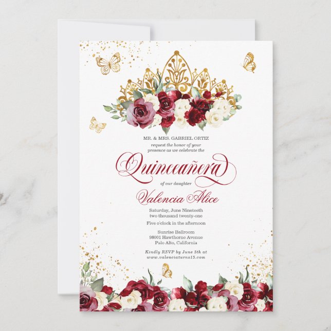 Burgundy Red Floral Tiara Butterfly Quinceanera Invitation (Front)