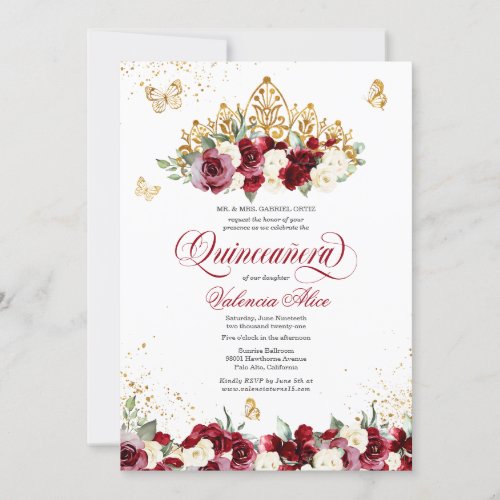 Burgundy Red Floral Tiara Butterfly Quinceanera Invitation