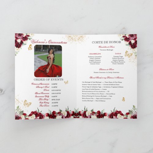 Burgundy Red Floral Tiara Butterfly Quinceanera Program