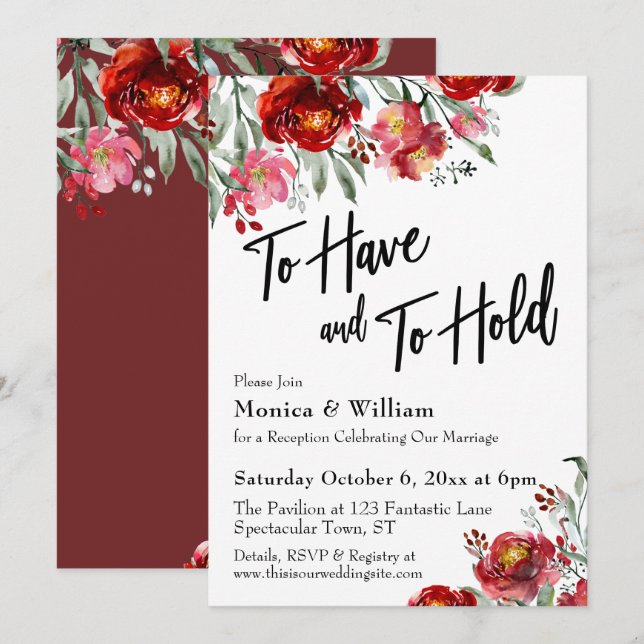 Burgundy Red Floral To Have and to Hold Invitation (Front/Back)