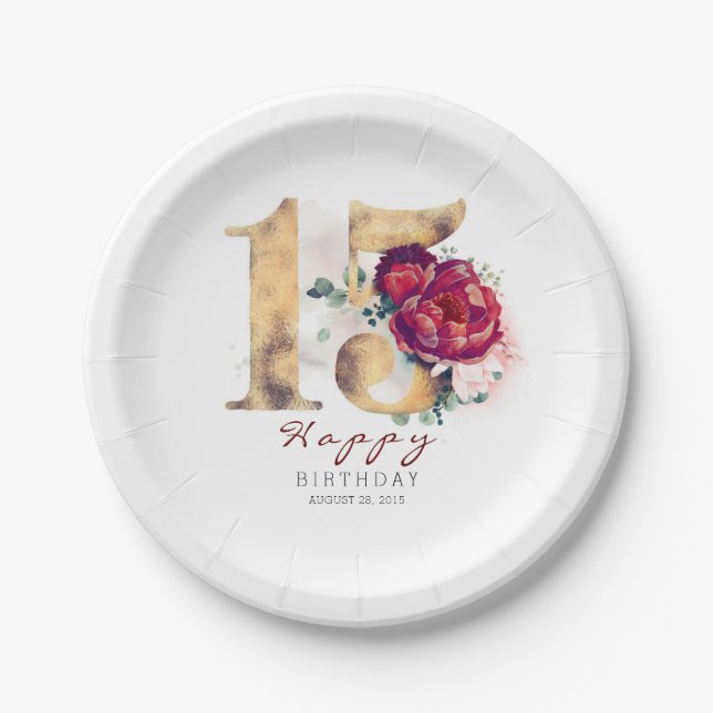 Burgundy Red Floral Typography 15th Birthday Paper Plates (Front)