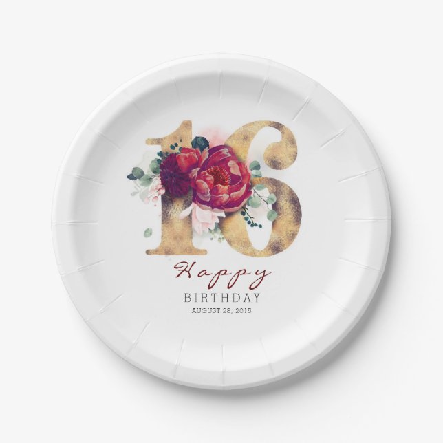 Burgundy Red Floral Typography 16th Birthday Paper Plates (Front)