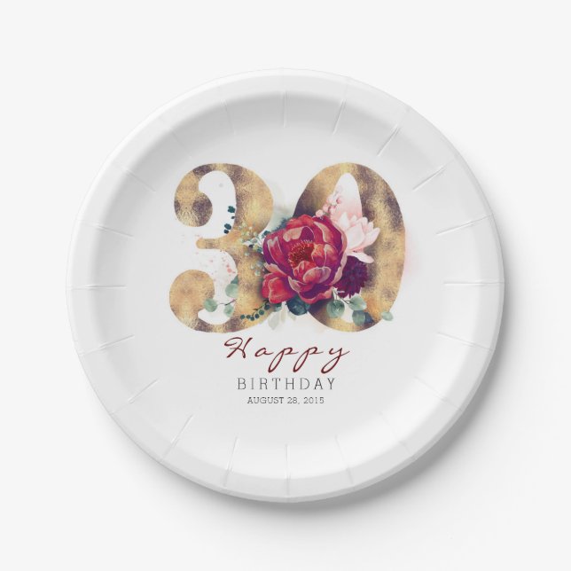 Burgundy Red Floral Typography 30th Birthday Paper Plates (Front)