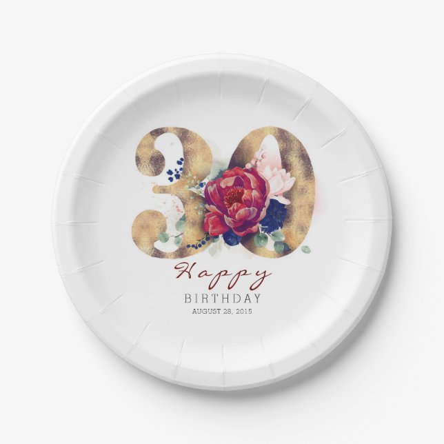 Burgundy Red Floral Typography 30th Birthday Paper Plates (Front)