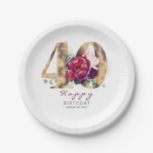 Burgundy Red Floral Typography 40th Birthday Paper Plates