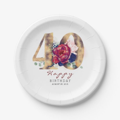 Burgundy Red Floral Typography 40th Birthday Paper Plates