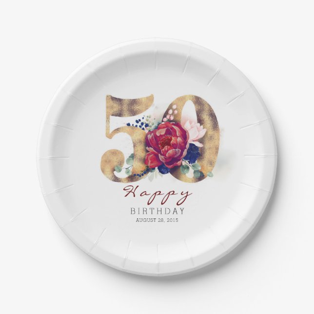 Burgundy Red Floral Typography 50th Birthday Paper Plates (Front)