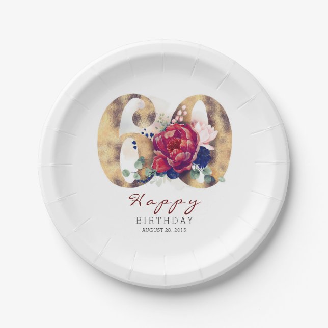 Burgundy Red Floral Typography 60th Birthday Paper Plates (Front)