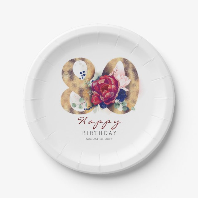 Burgundy Red Floral Typography 80th Birthday Paper Plates (Front)