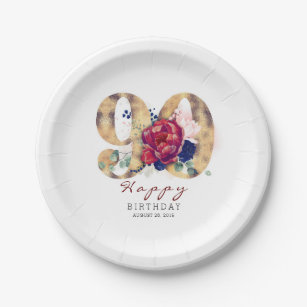 Burgundy Red Floral Typography 90th Birthday Paper Plates