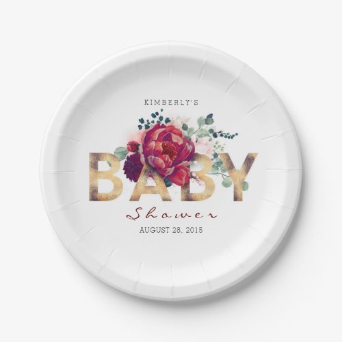 Burgundy Red Floral Typography Baby Shower Paper Plates