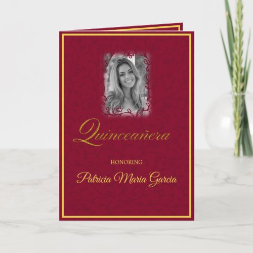 Burgundy red floral vines with photo quinceanera card
