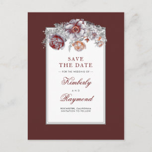 Burgundy Red Floral Vintage Save the Date Announcement Postcard