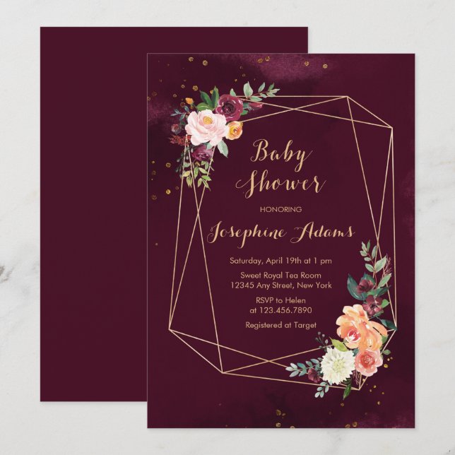 Burgundy Red Floral Watercolor Baby Shower Invitation (Front/Back)