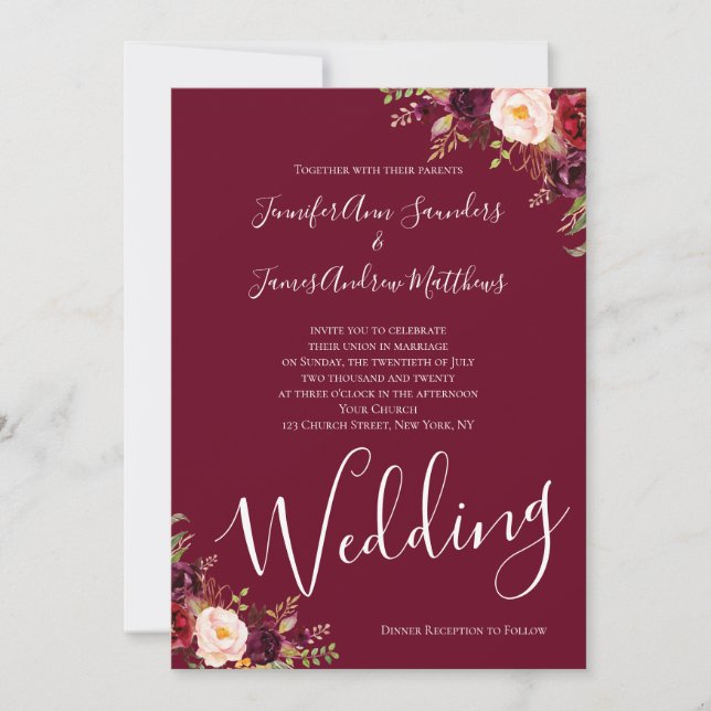 Burgundy Red Floral Watercolor Rustic Wedding Invitation (Front)