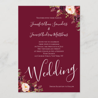 Burgundy Red Floral Watercolor Rustic Wedding Invitation