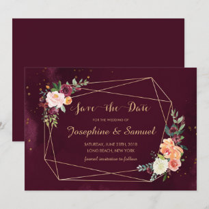 Burgundy Red Floral Watercolor Save The Date Invitation