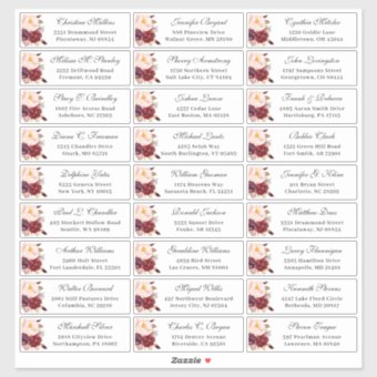 Burgundy Red Floral Wedding Guest Address Sticker | Zazzle