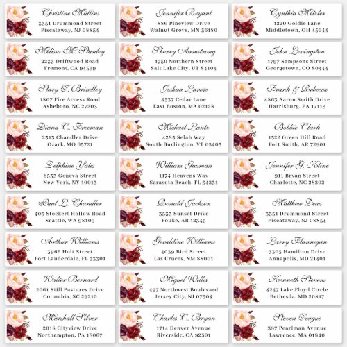 Burgundy Red Floral Wedding Guest Address Sticker