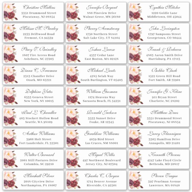 Burgundy Red Floral Wedding Guest Address Sticker (Front)