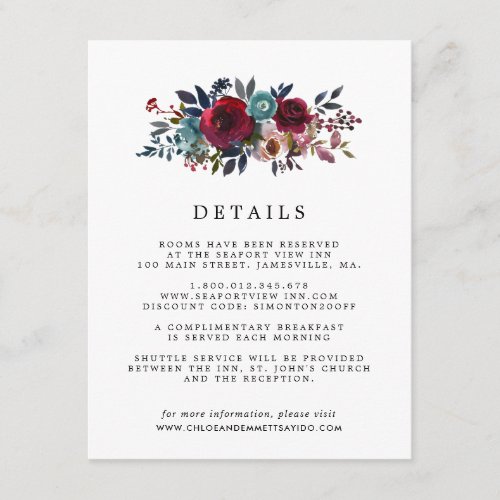 Burgundy Red Floral Wedding Guest Details Enclosure Card
