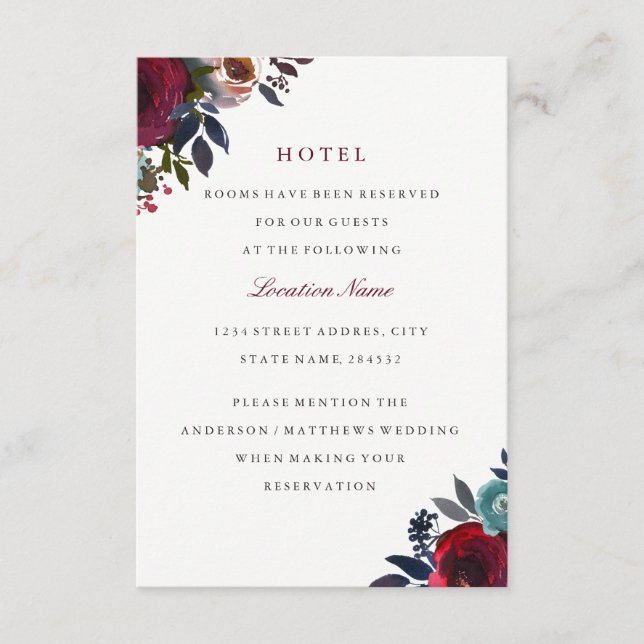 Burgundy Red Floral Wedding Hotel Accommodation Enclosure Card (Front)