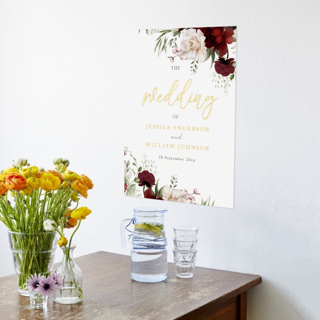 Burgundy Red Floral Wedding Large Welcome Sign (Laydown (Kitchen))