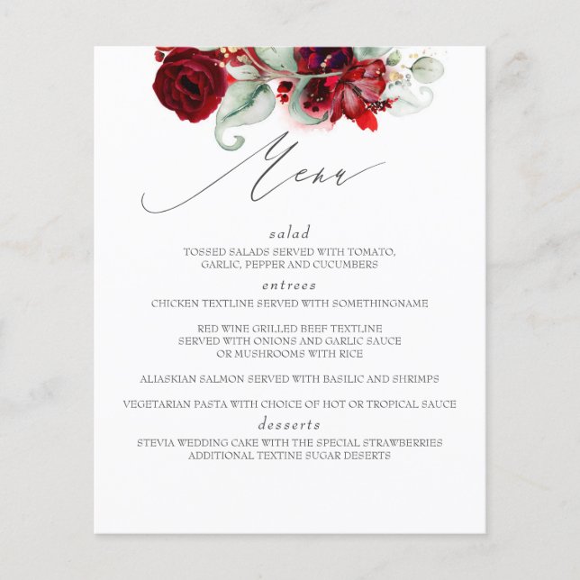 Burgundy Red Floral Wedding Menu Flyer (Front)