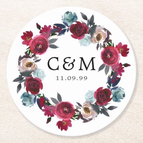 Burgundy Red Floral Wedding Monogram and Date Round Paper Coaster