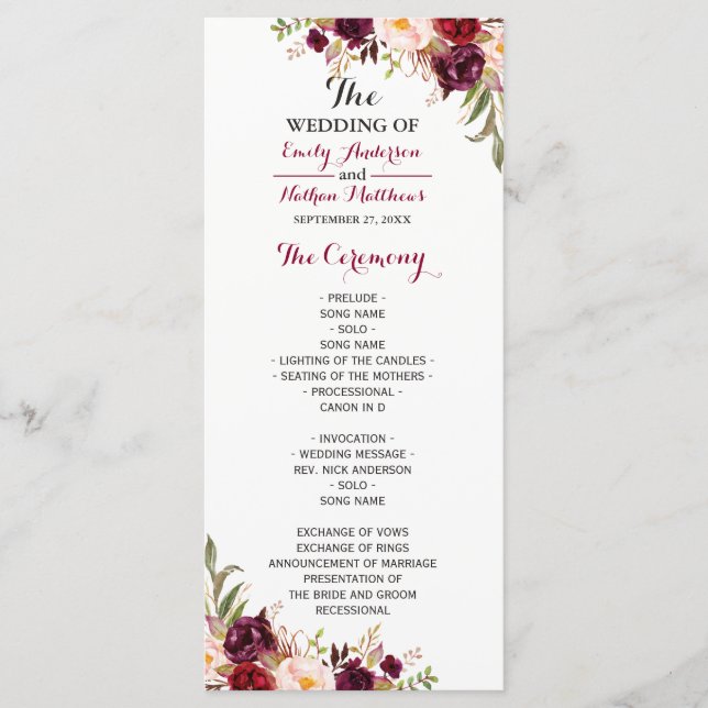 Burgundy Red Floral Wedding Program (Front)