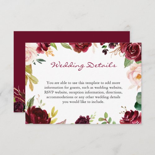 Burgundy Red Floral Wedding Reception Details Enclosure Card