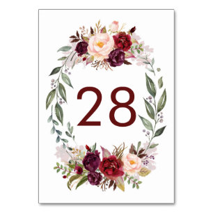 Burgundy Red Floral Wedding Table Number Cards