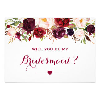 Burgundy Red Floral Will You Be My Bridesmaid Card